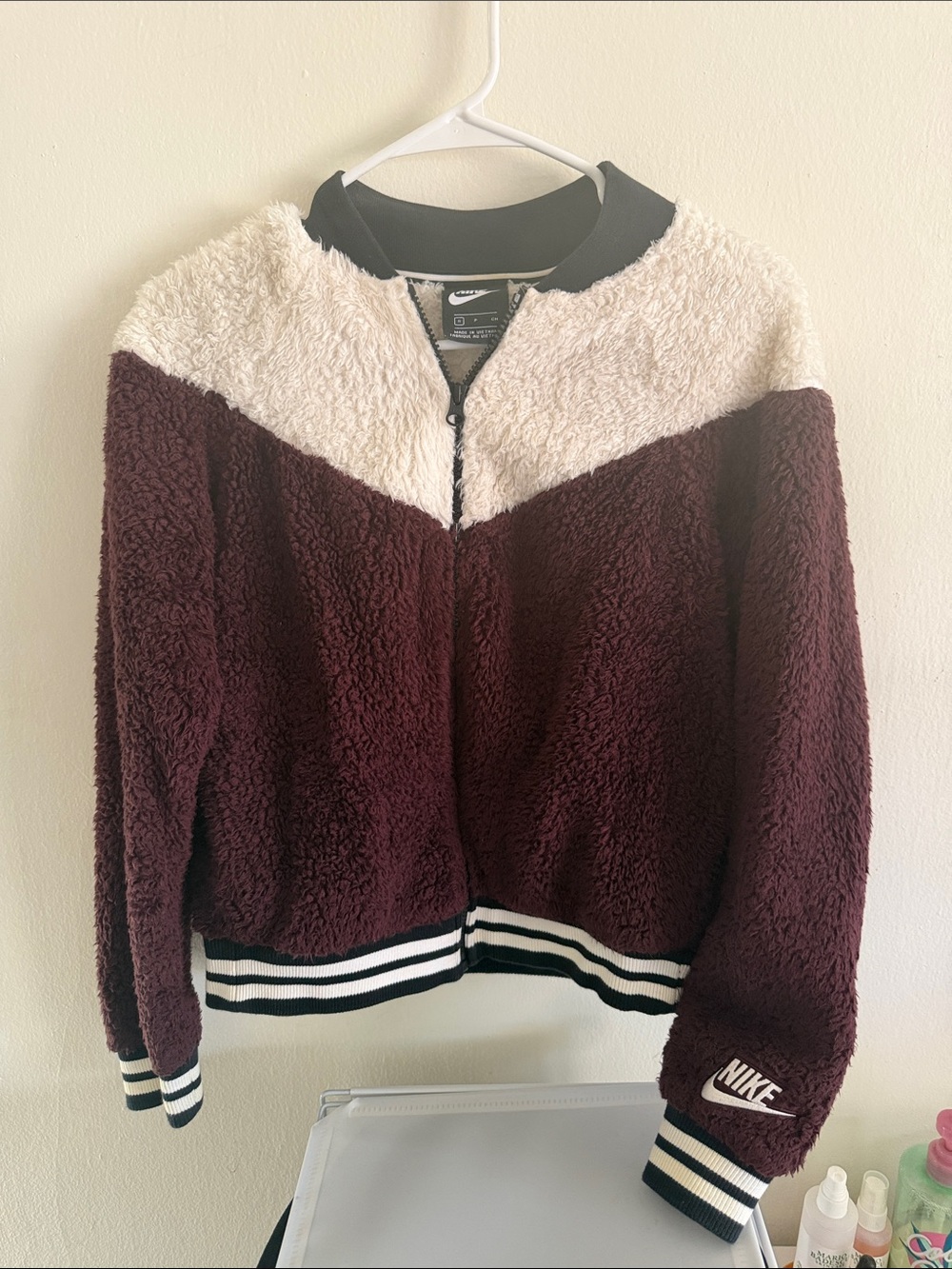 Nike Women's Maroon and Cream Sherpa Bomber Jacket
